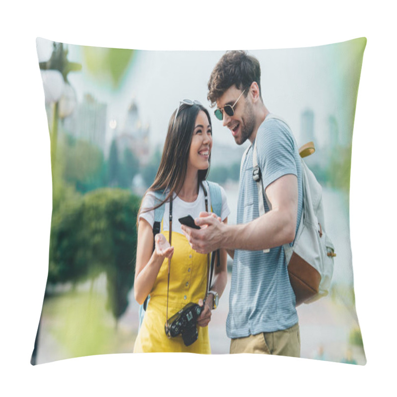 Personality  Handsome Man Holding Smartphone And Asian Woman Talking With Him  Pillow Covers