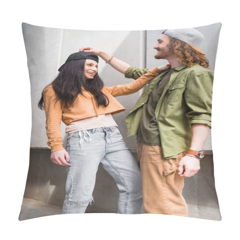 Personality  Happy Couple In Casual Wear Looking At Each Other, Standing Near Concentrate Wall Pillow Covers