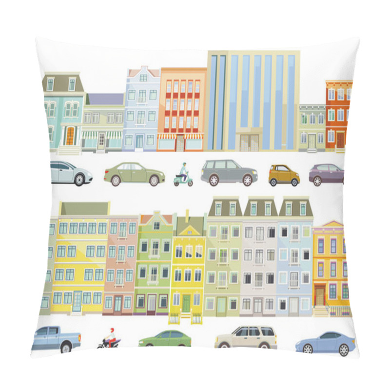 Personality  Houses In The City With Cars On The Street, Illustration Isolated Pillow Covers