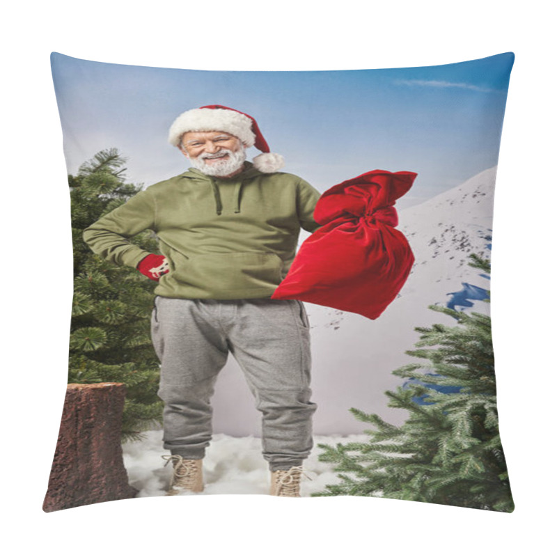 Personality  Cheerful Man In Khaki Hoodie Holding Santa Bag And Wearing Christmassy Hat, Merry Christmas Pillow Covers