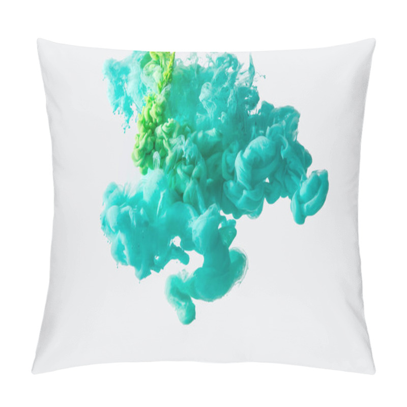 Personality  Close Up View Of Mixing Of Green And Bright Turquoise Paints Splashes In Water Isolated On Gray Pillow Covers