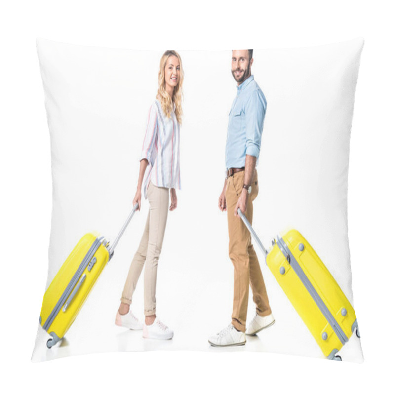 Personality  Happy Couple With Yellow Travel Bags Isolated On White Pillow Covers