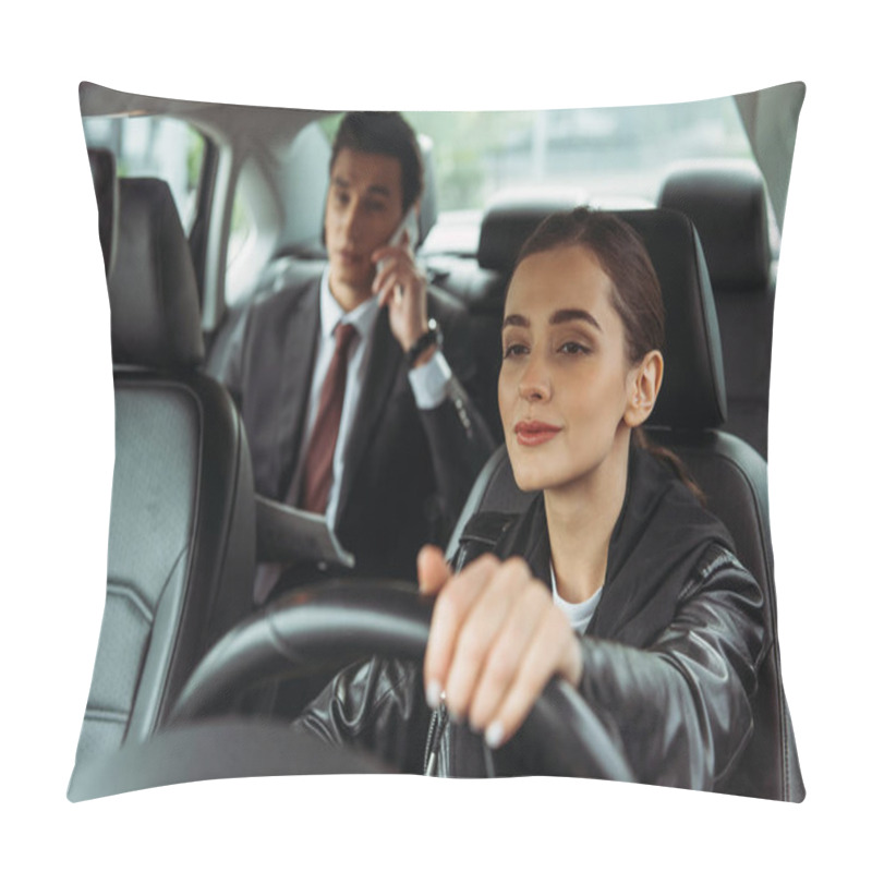 Personality  Woman Taxi Driver Holding Steering Wheel While Businessman Talking On Smartphone Pillow Covers