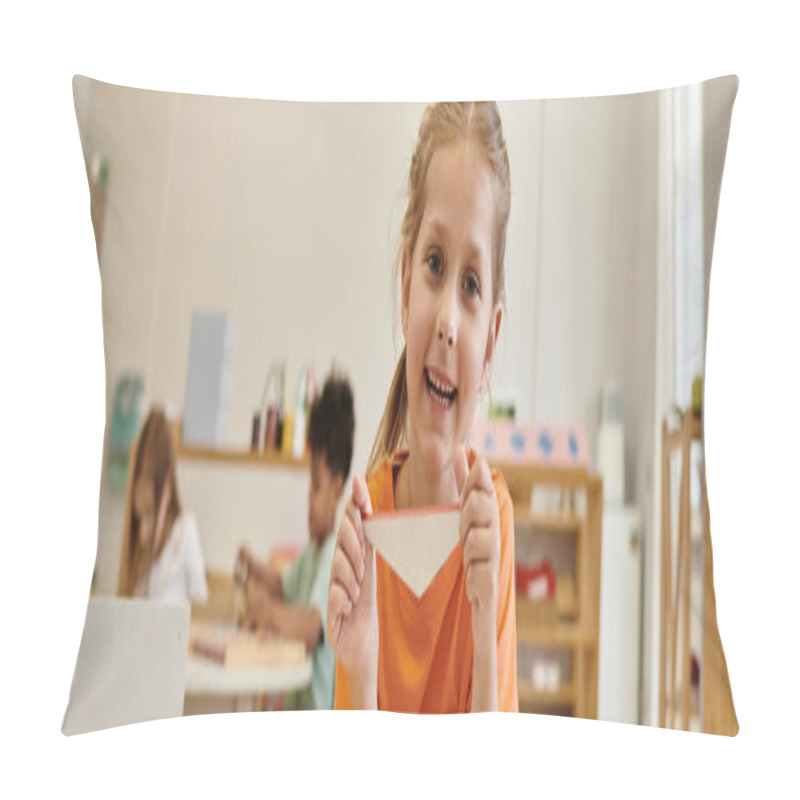 Personality  Cheerful Girl Looking At Camera And Holding Triangle In Montessori School, Banner Pillow Covers