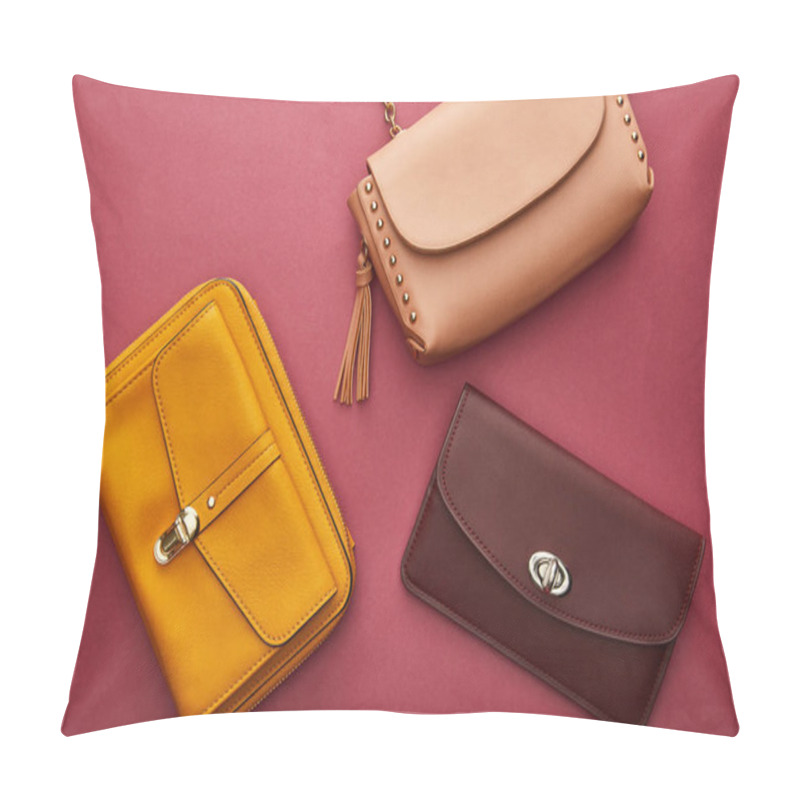 Personality  Top View Of Leather And Stylish Bags Isolated On Crimson  Pillow Covers