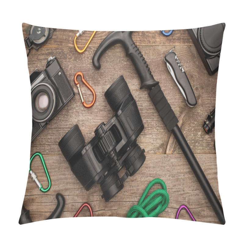 Personality  Flat Lay With Hiking Equipment Binoculars And Photo Cameras On Wooden Table Pillow Covers