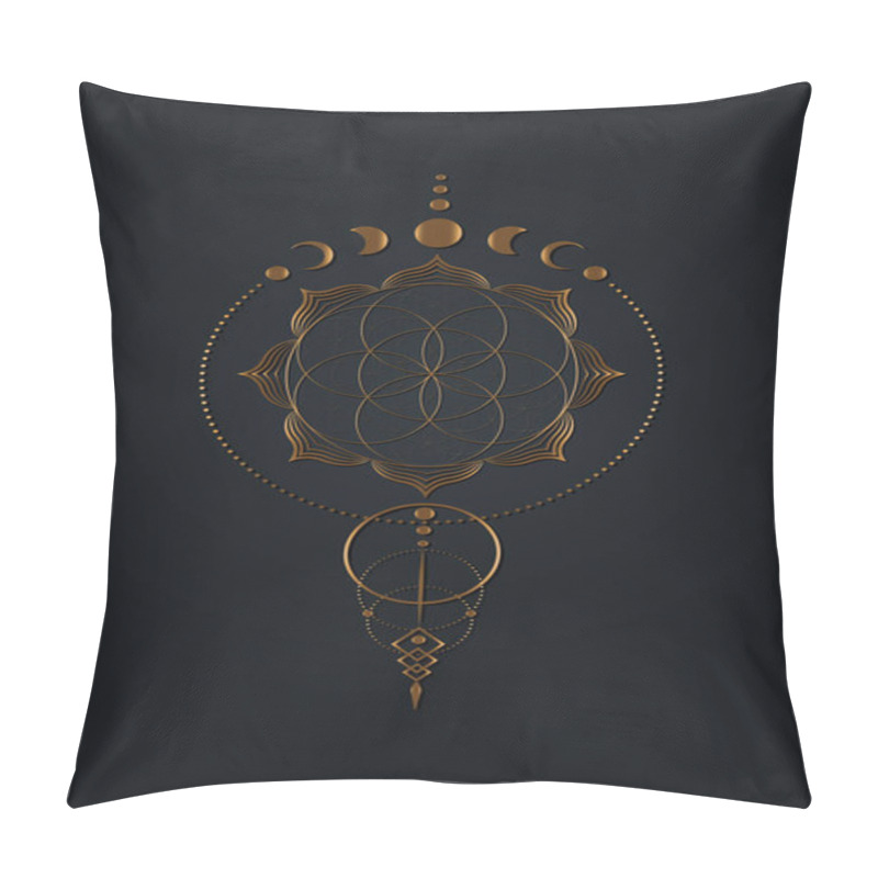 Personality  Mystical Flower Of Life And Moon Phases, Sacred Geometry. Gold Seed Of Life. Pagan Wiccan Goddess Symbol, Old Golden Wicca Banner Sign, Energy Circles, Boho Style Vector Isolated On Black Background Pillow Covers