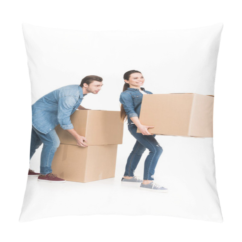 Personality  Young Couple Relocating With Carton Boxes, Isolated On White Pillow Covers