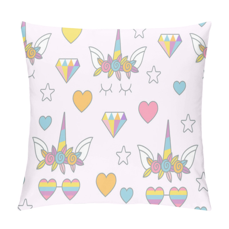 Personality  Unicorn, Rainbow, Sweets And Other Objects Seamless Pattern With Light Pink Background. Cute Magic Ornament For Textile, Fabric, Packaging Design. Perfect For Baby Girl Birthday Celebration Design Pillow Covers