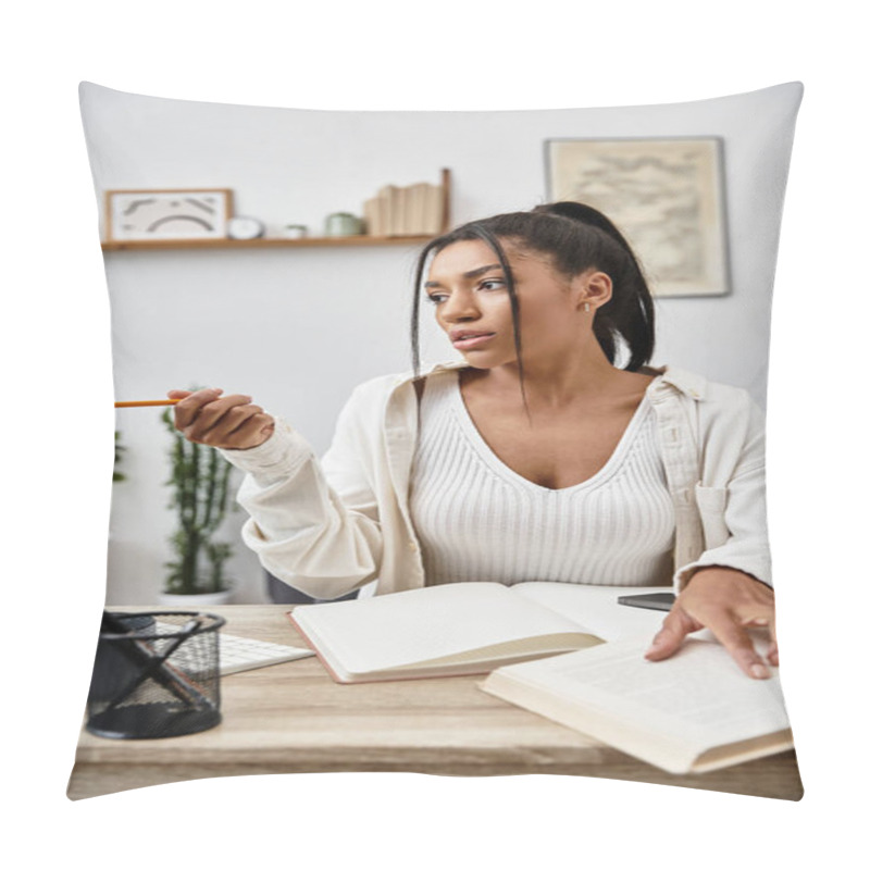 Personality  A Young Woman Studies Remotely At Home, Focused On Her Work While Surrounded By Books And Plants. Pillow Covers