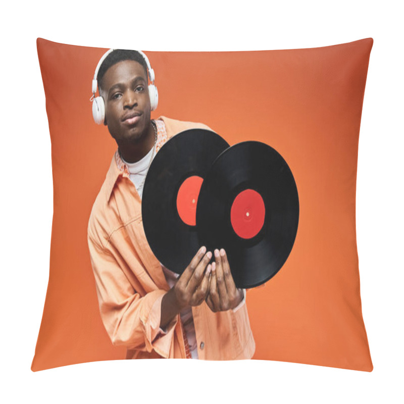 Personality  Handsome African American Man In Stylish Attire Holding Vinyl Record On Orange Background. Pillow Covers