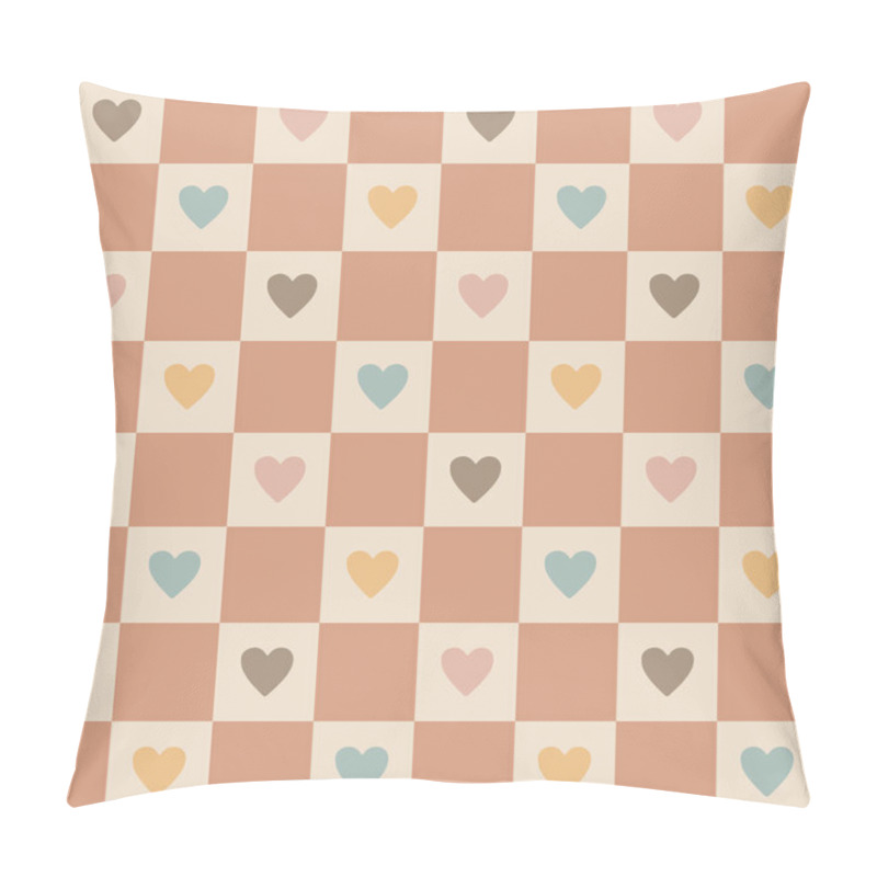 Personality  Vintage Beige Muted Boho Dark Samon Pink Checkerboard With Warm Yellow, Soft Blue, Pastel Pink And Earth Tone Brown Geometric Hearts.For Happy Welcome Baby Patchwork, Nuseries, Boho Home Pillow Covers