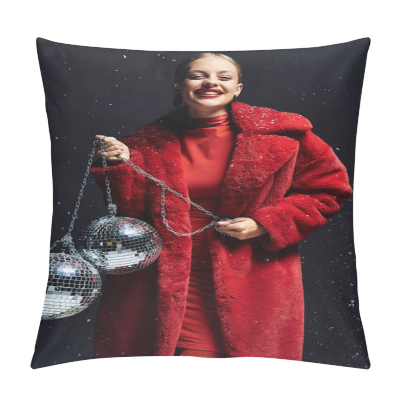 Personality  A Young Woman In A Bright Red Coat Beams Happily While Holding Disco Balls. Pillow Covers