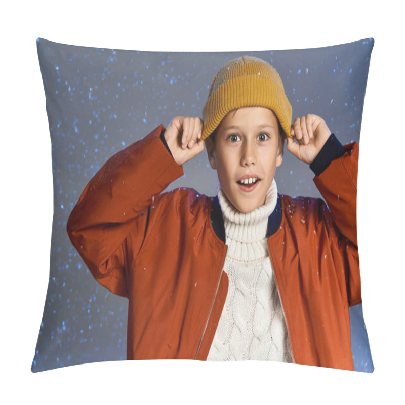 Personality  A Young Boy Is Excited, Clad In Warm Clothing, Playfully Interacting With Falling Snowflakes. Pillow Covers