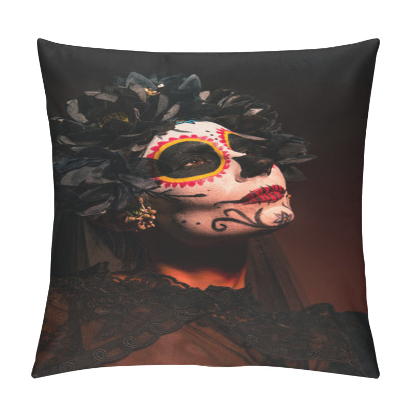 Personality  Portrait Of Woman In Mexican Day Of Dead Costume Standing On Burgundy Background  Pillow Covers