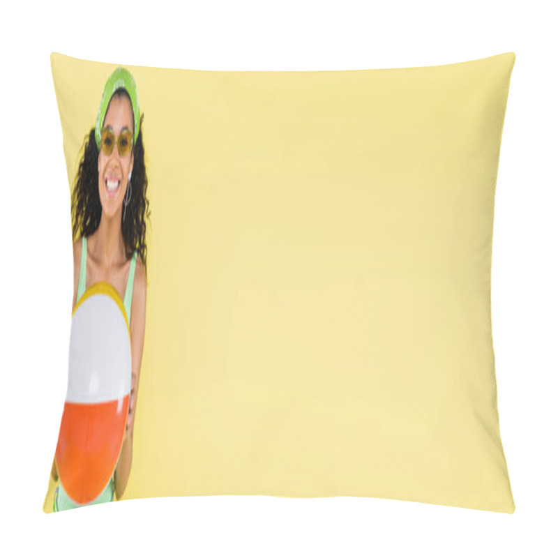 Personality  Positive African American Young Woman In Kerchief And Sunglasses Holding Inflatable Ball Isolated On Yellow, Banner Pillow Covers