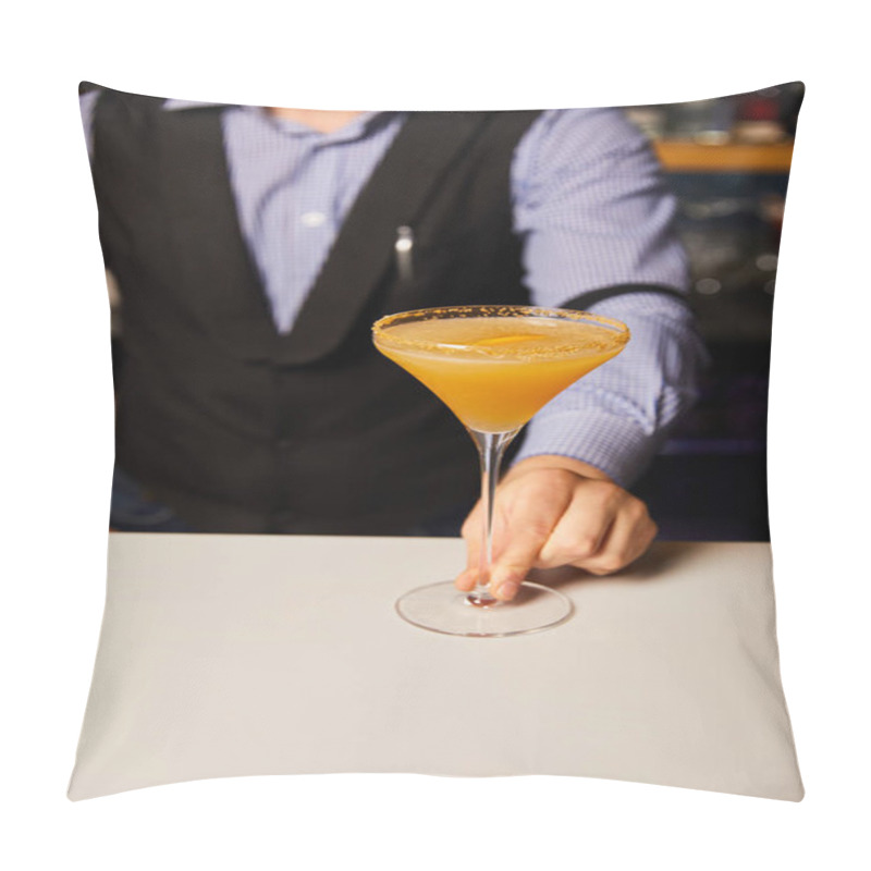 Personality  Cropped View Of Barman Holding Margarita Glass With Cold And Fresh Cocktail  Pillow Covers