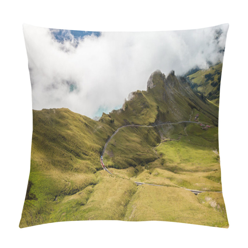 Personality  Aerial Image Of The Brienzer Rothorn Steam Train Ascending Onto The Summit With Dirrengrind Cliff At The Background And The Autumn Fog Rising From The Brienz Lake Site Pillow Covers