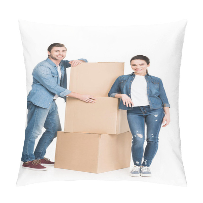 Personality  Young Couple With Cardboard Moving Boxes, Isolated On White Pillow Covers