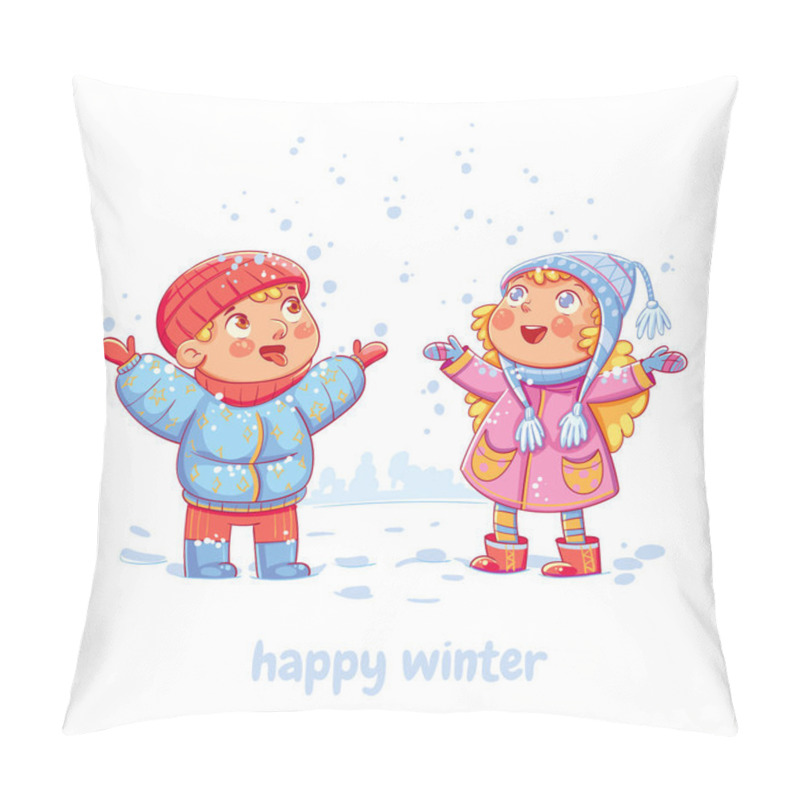 Personality  Snowfall. Children Enjoy The Snow. Boy Catching Snowflakes On His Tongue In The Wintertime. Funny Cartoon Character. Vector Illustration. Isolated On White Background Pillow Covers