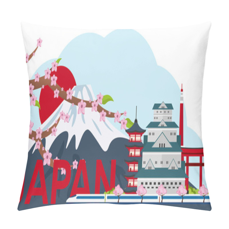 Personality  Poster Travel To Japan. Mountain. Sakura Japan Cherry Branch With Blooming Flowers Vector Illustration. Banner. Vector Illustration. Pillow Covers