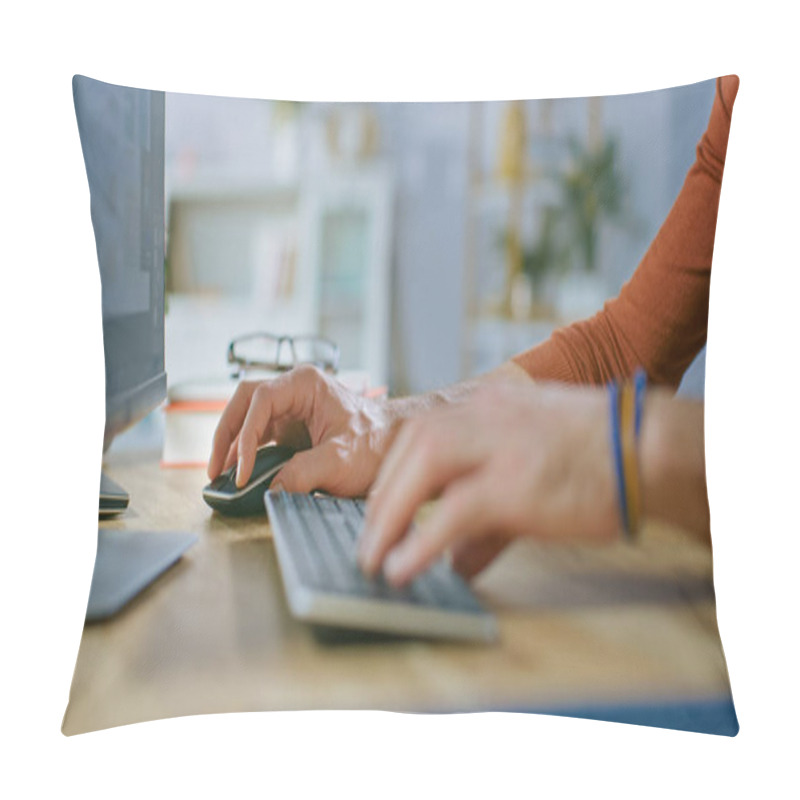 Personality  Handsome Software Engineer Works On A UX UI Mobile App Template, Uses Personal Computer. Freelance Programmer Working From Cozy Living Room. Pillow Covers