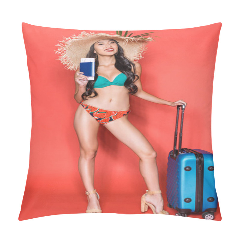 Personality  Woman In Swimsuit With Suitcase And Tickets Pillow Covers