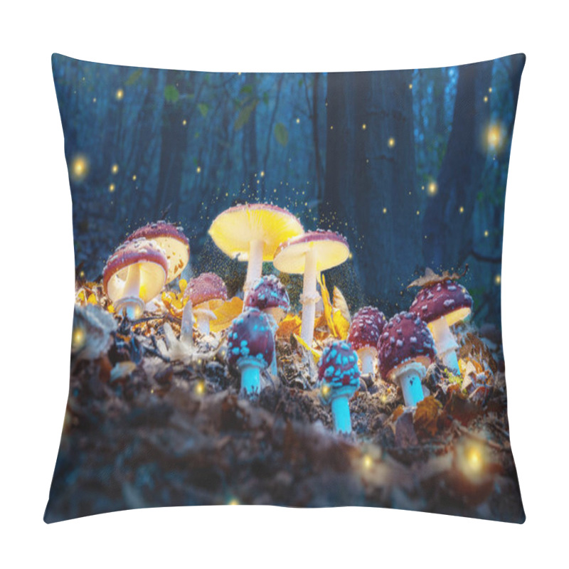 Personality  Mystical Fly Agarics Glow In A Mysterious Dark Forest. Fairytale Background For Halloween. Pillow Covers