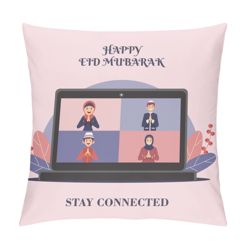 Personality  Vector Illustration Of A Muslim Man And A Muslim Woman Wearing A Hijab Greeting Each Other To Say Happy Eid Al-Fitr, But With Physical Distance, Because They Are Celebrating Eid In The Midst Of The COVID-19 Pandemic Pillow Covers