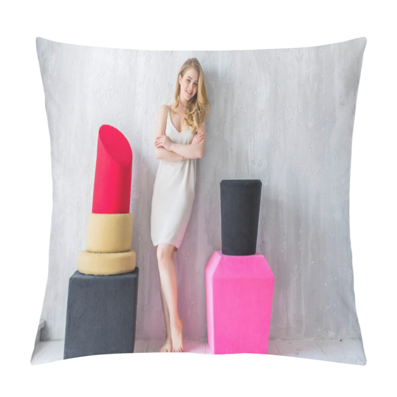 Personality  Beautiful Girl With Crossed Arms Posing With Big Pink Nail Polish And Red Lipstick Pillow Covers