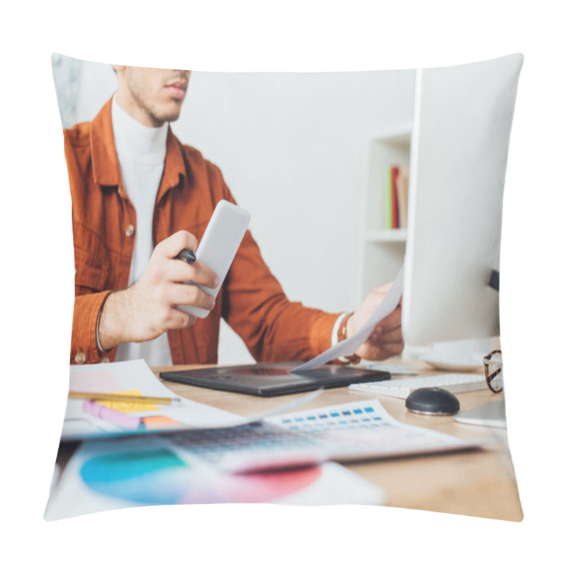 Personality  Cropped View Of Ux Designer Holding Smartphone While Working With Website Sketches And Color Palette At Table In Office  Pillow Covers