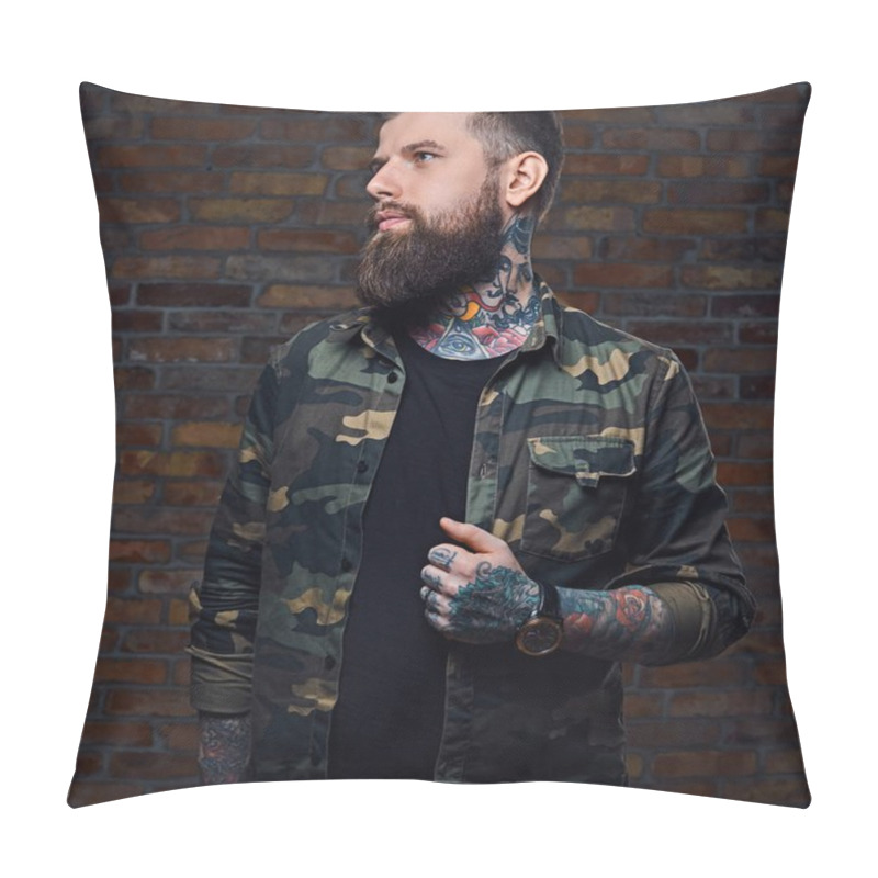 Personality  Tattooed Bearded Male In Military Jacket. Pillow Covers