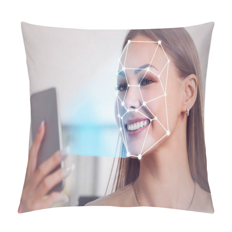 Personality  Smiling Blonde Businesswoman Using Smartphone With Face Recognition Technology In Blurred Office. Toned Image Double Exposure Pillow Covers