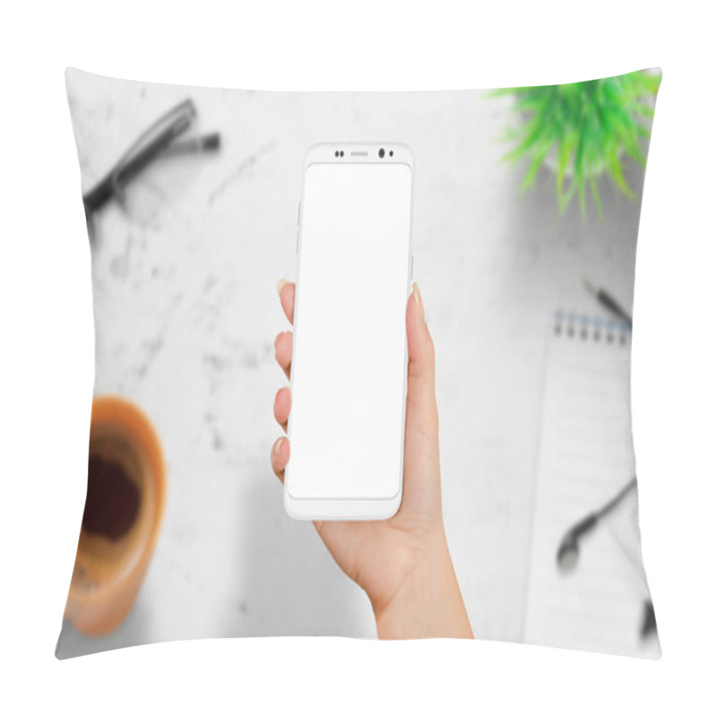 Personality  Woman Holding White Modern Smart Phone With Isolated Screen. White Work Desk In Background Pillow Covers