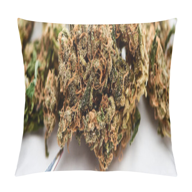 Personality  Close Up View Of Natural Marijuana Buds Near Scissors On White Background, Panoramic Shot Pillow Covers