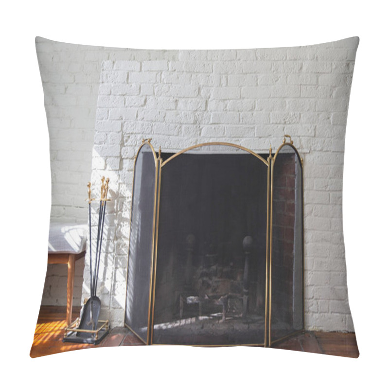 Personality  Fireplace With Black Fire Guard Screen And Tools Like Shovel And Poker. White Brick Wall Pillow Covers