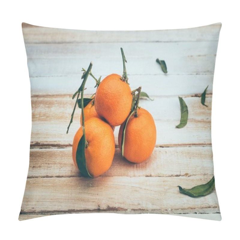 Personality  Close Up View Of Ripe Mandarins With Leaves On Wooden Tabletop Pillow Covers