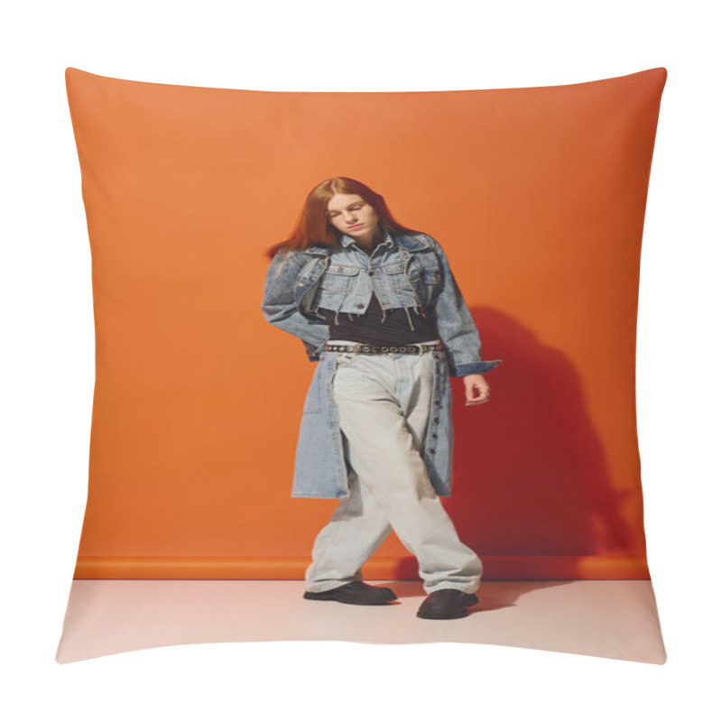 Personality  A Young Man With Long Red Hair Showcases His Emotions In Front Of A Striking Orange Background. Pillow Covers