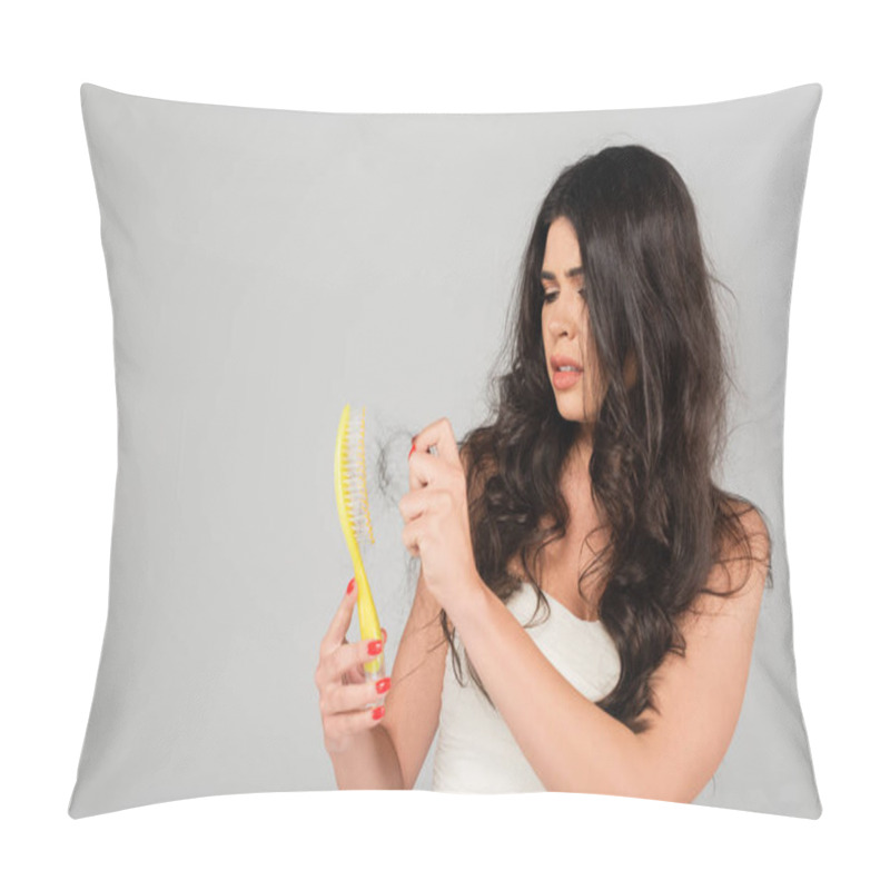 Personality  Brunette Woman With Hair Loss Problem Cleaning Hair Brush Isolated On Grey Pillow Covers