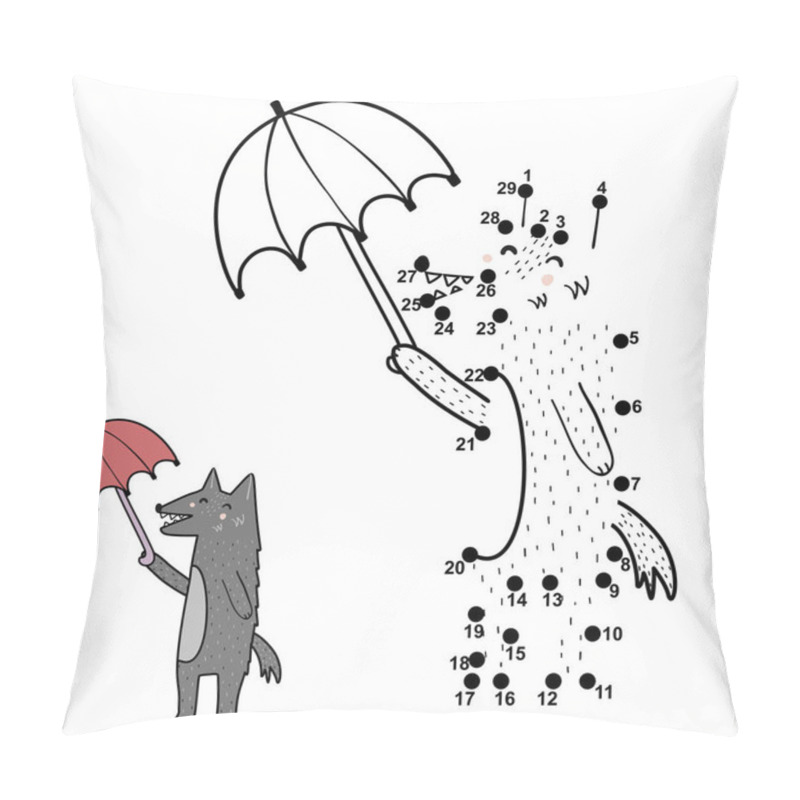 Personality  Dot To Dot Game Activity For Kids. Connect The Points And Draw A Funny Wolf With Umbrella Pillow Covers