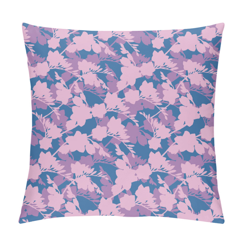 Personality  Pink Silhouettes Of Freesia Flowers, Beautiful Bouquet Branch On Blue Violet Background, Seamless Tropic Pattern Of Watercolor Illustration. Drawing For Printing On Fabric, Wallpaper, Wrapping Paper, Textile Design Pillow Covers