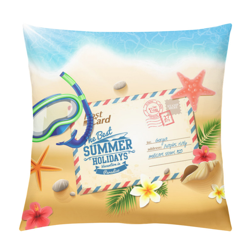 Personality  Summer Post Card On Sandy Beach Pillow Covers