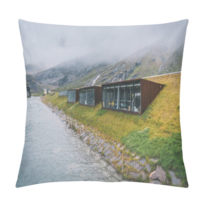 Personality  Modern Wooden Norwegian Cabins In Foggy Mountain Near River Pillow Covers