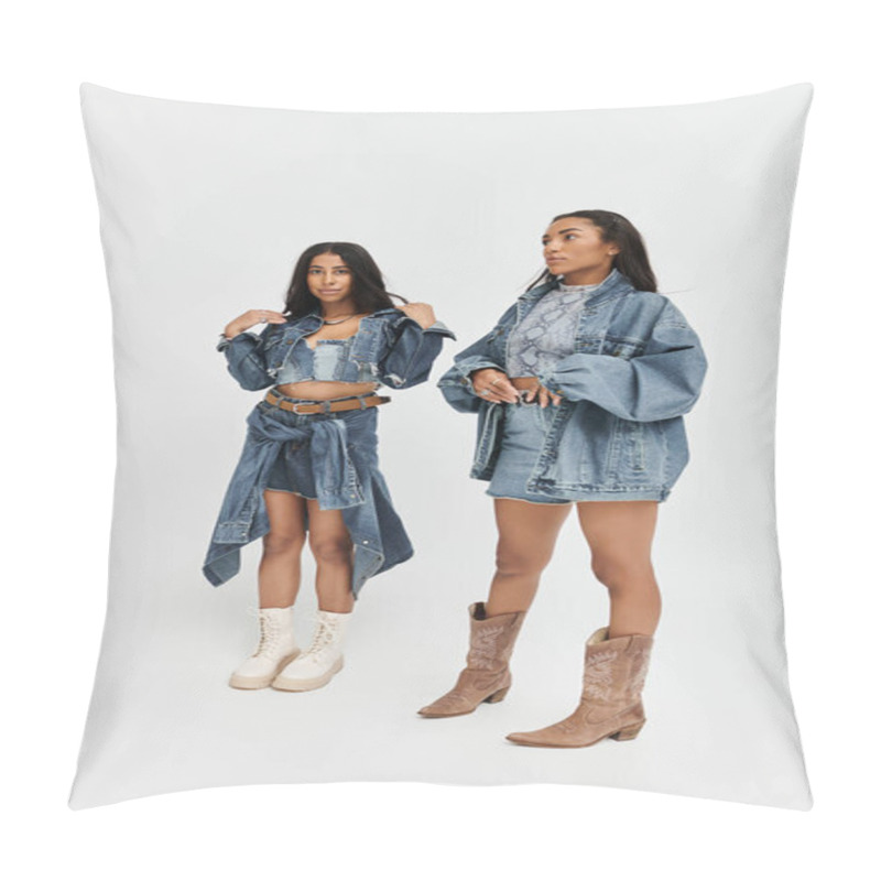 Personality  Two Chic Young Women Strike Confident Poses, Flaunting Their Fashionable Denim Styles. Pillow Covers