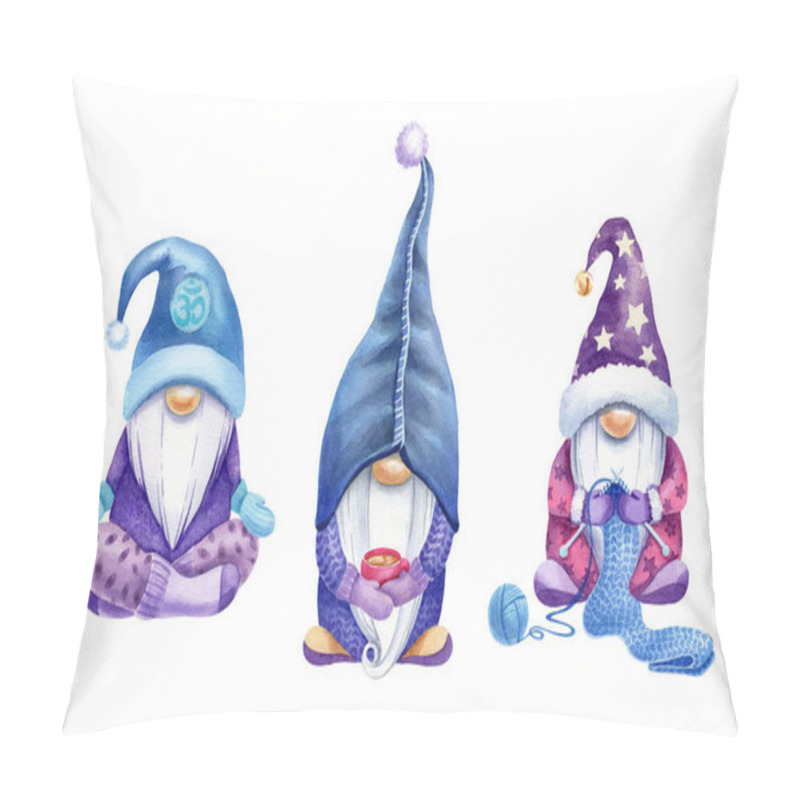 Personality  Watercolor Cute Christmas Gnomes. Christmas Gnome With Cup Of Tee, Knitting Gnome, Yoga Gnome. Nice Christmas Gnomes For Your Design. Pillow Covers