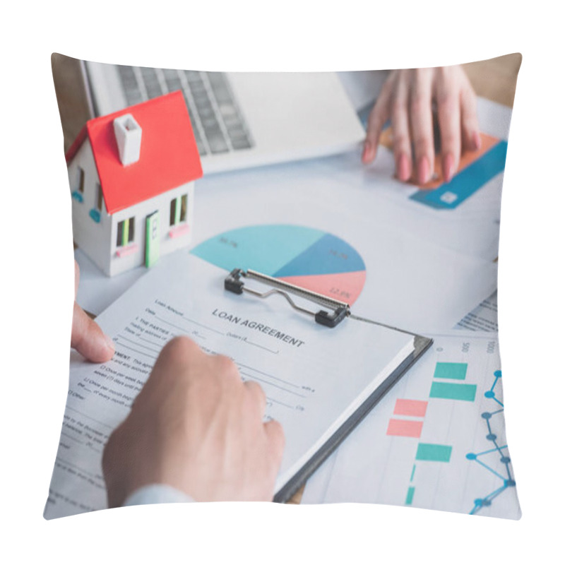 Personality  Partial View Of Man Reading Loan Agreement While Sitting At Desk With Graphs And Charts Near Businesswoman Pillow Covers