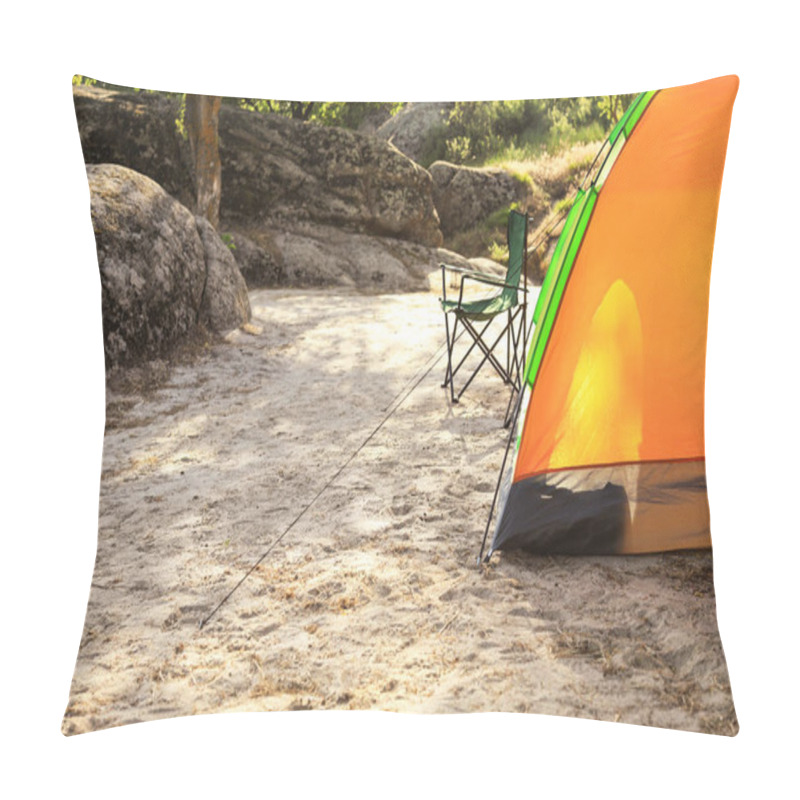 Personality  Modern Camping Tent And Chair In Wilderness. Space For Text Pillow Covers