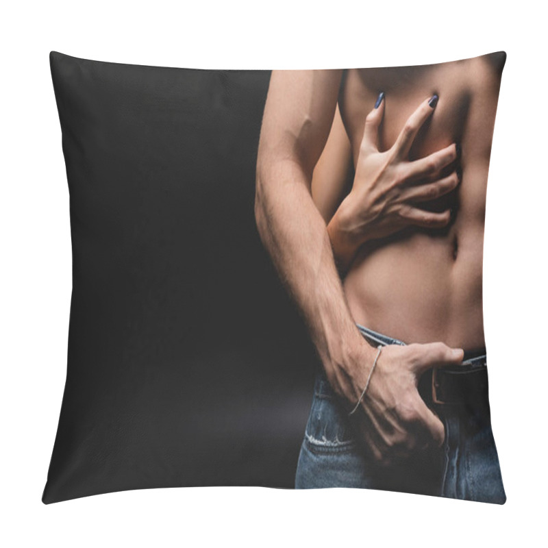 Personality  Cropped View Of Woman Scratching Chest Of Muscular Boyfriend On Black  Pillow Covers