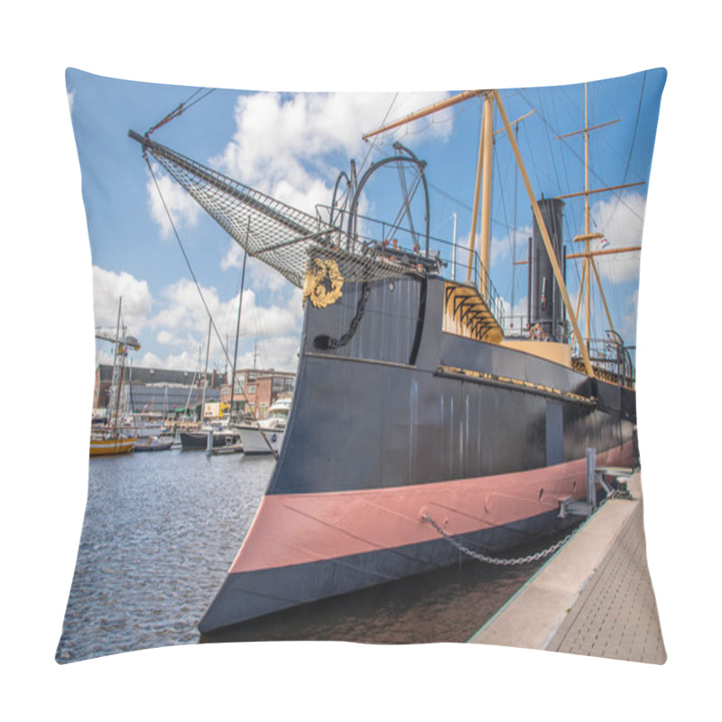 Personality  Den Helder, The Netherlands. July 31, 2021. Bow And Stern Of Historical Ram Ship De Schorpioen At The Quay Of Willemsoord Wharf At Den Helder. Pillow Covers