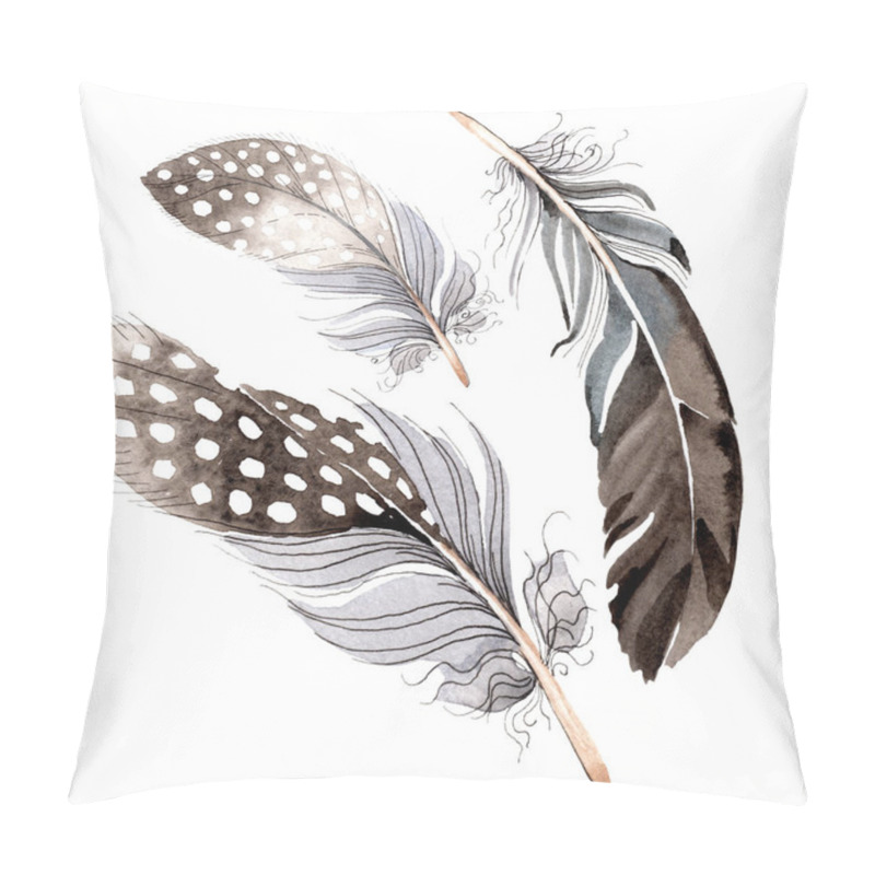 Personality  Watercolor Blue And Black Bird Feather From Wing Isolated. Aquarelle Feather For Background. Watercolour Drawing Fashion. Isolated Feathers Illustration Element. Pillow Covers